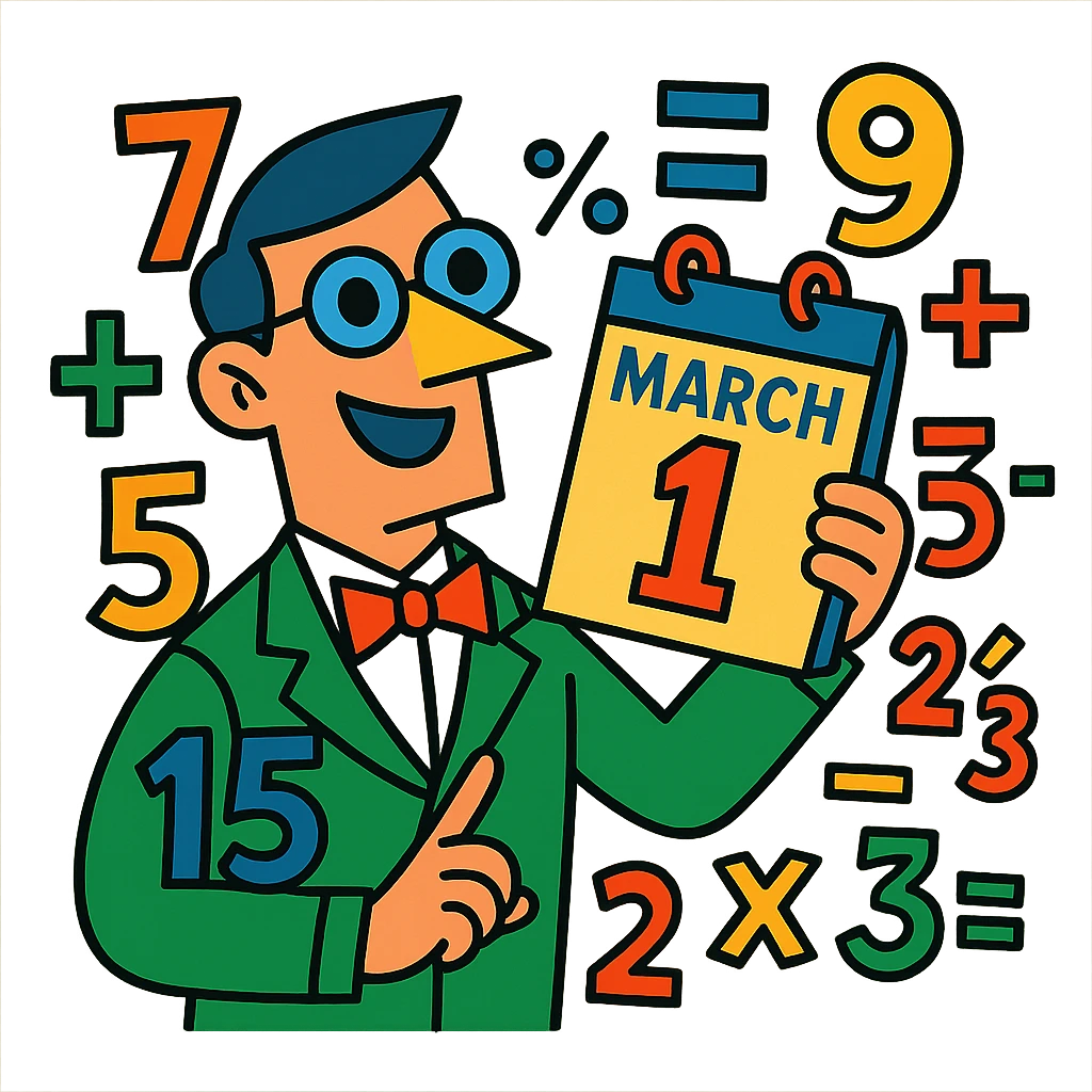 cartoon math guy holding a calendar page for March, surrounded by numbers and equations emoji