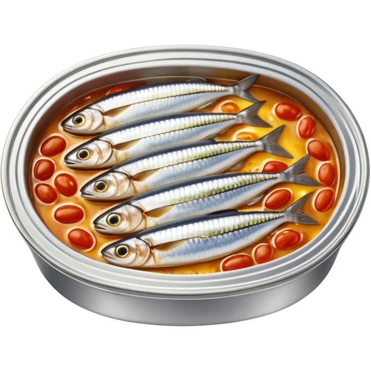 open oval tin showing tightly packed whole sardines in shiny silver skin, slightly overlapping and nestled in golden oil or tomato sauce, clean outlines, glossy preserved texture, no fork, garnish, or label, just the open tin and contents, soft lighting, subtle shadows, emoji scale emoji