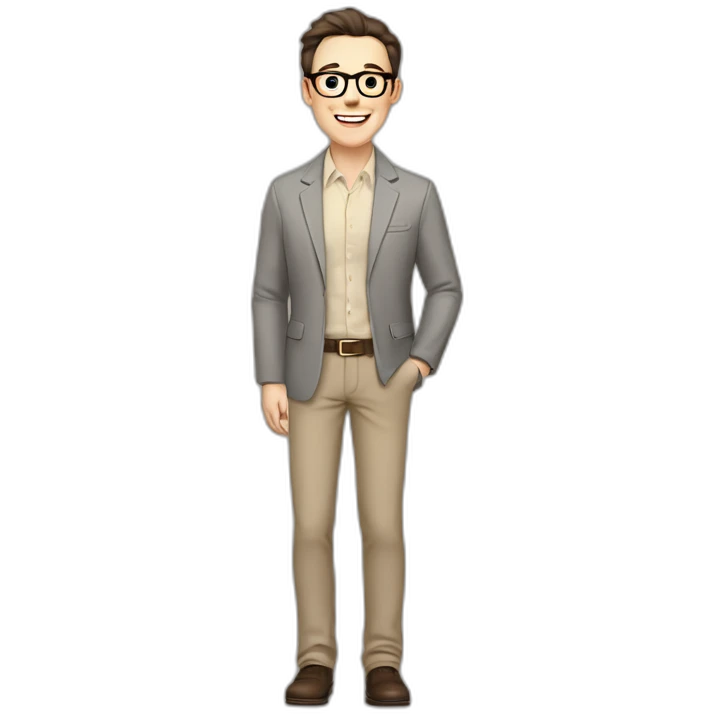 Joyful Full height Pale skinned Fit Man With dark brown hair in gray jacket, beige office shirt, Brown pants and vintage glasses. His thrumbs up emoji