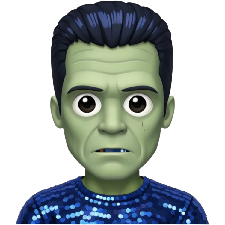 Frankenstein from Van Helsing with black hair, grey skin dark blue sequin outfit emoji