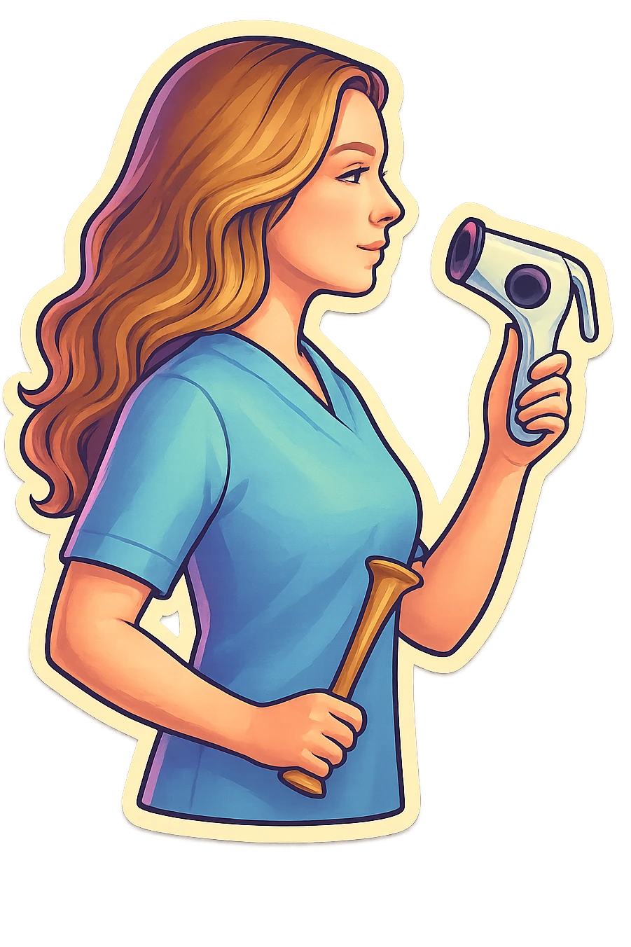 A girl with facial features and light wavy hair as in the reference, wearing a blue medical suit, holding an obstetric stethoscope in one hand, the other hand down, side view, in retro stickers style with thin clean contours, soft rounded shapes, pastel palette, retro sticker aesthetic, detailed shadows and highlights, soft lighting, transparent background. emoji