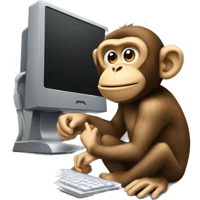 A monkey at a computer. There's a lot of money next to it. emoji