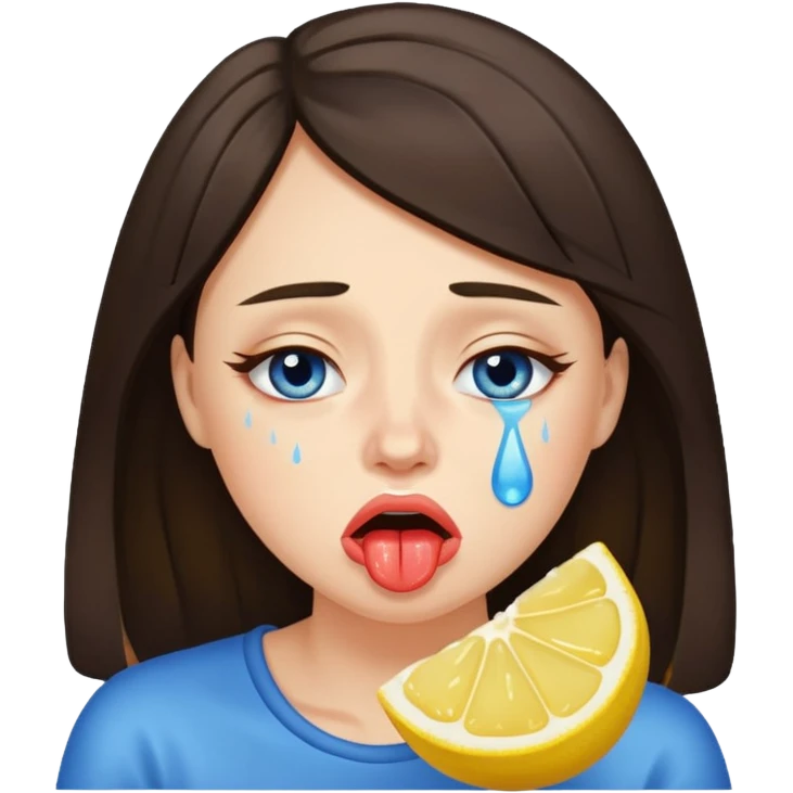 woman crying eating lemon. make tears blue color and brunette emoji