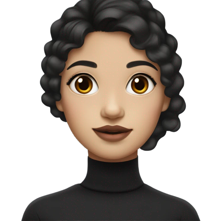 A girl with Asian features, fair skin, brown eyes, a mole, two moles under each eye, slightly curly black hair, wearing a black turtleneck, and full lips. emoji