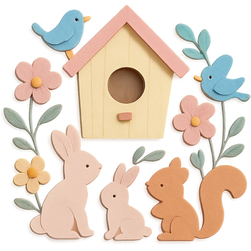 birdhouse with flowers and forest creatures including bunnies, birds, and squirrels, soft pastel colors, transparent background, paper-craft style emoji