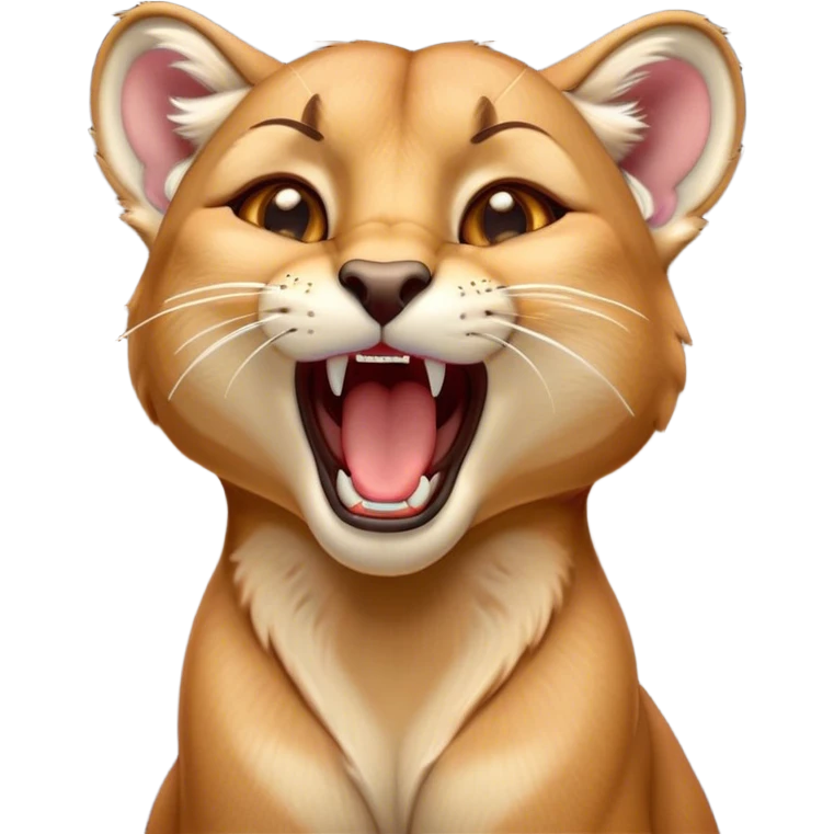 Cinematic Cute Yawning Cougar Portrait Emoji, Head tilted slightly with a dramatic, wide-open yawn, showcasing a soft, sleek tawny Fur with gently drooping ears, round amber eyes barely open in drowsy contentment, Simplified yet irresistibly adorable features, highly detailed, glowing with a soft, cozy glow, high shine, relaxed yet expressive, stylized with a touch of wild whimsy, bright and endearing, soft glowing outline, capturing the essence of a sleepy yet affectionate cougar, so drowsy it feels like it could stretch out of the screen and curl up for a nap! emoji