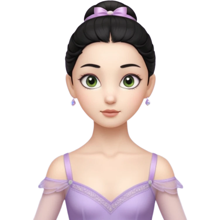 Cinematic Realistic ballerina Light Purple Portrait, depicted with lifelike skin texture, subtle rosy undertones, and soft natural lighting that enhances the gentle contours of her face. Her intricately detailed sweet black hair is elegantly styled, green eyes emoji