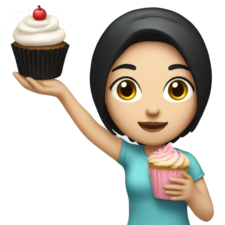 A girl with white skin black hair holding a cupcake emoji