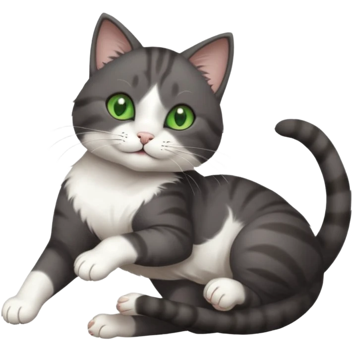beautiful female solid dark grey cat with green eyes, white toes/paws and white patch on her chest playfully rolling upside down emoji