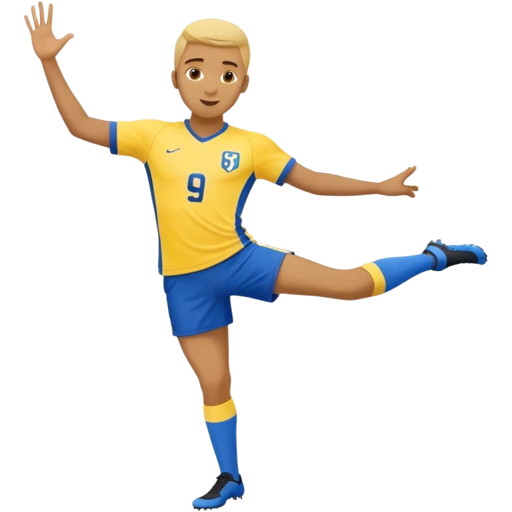A soccer player in yellow jersey and blue shorts with number 9 doing the splits emoji