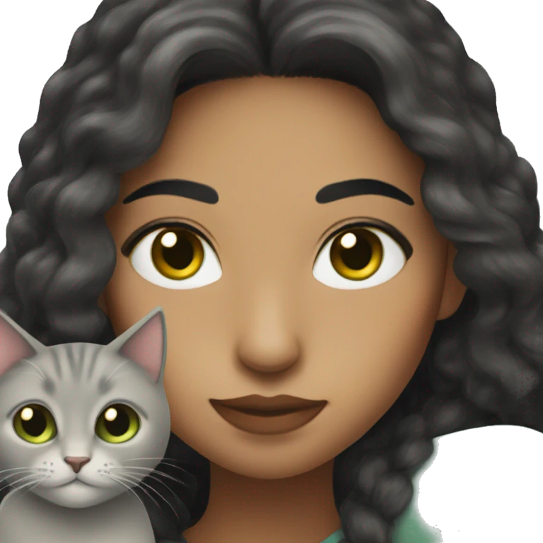 A Hispanic woman  with light freckles with  long black hair holding a Dark graycat with light green eyes emoji