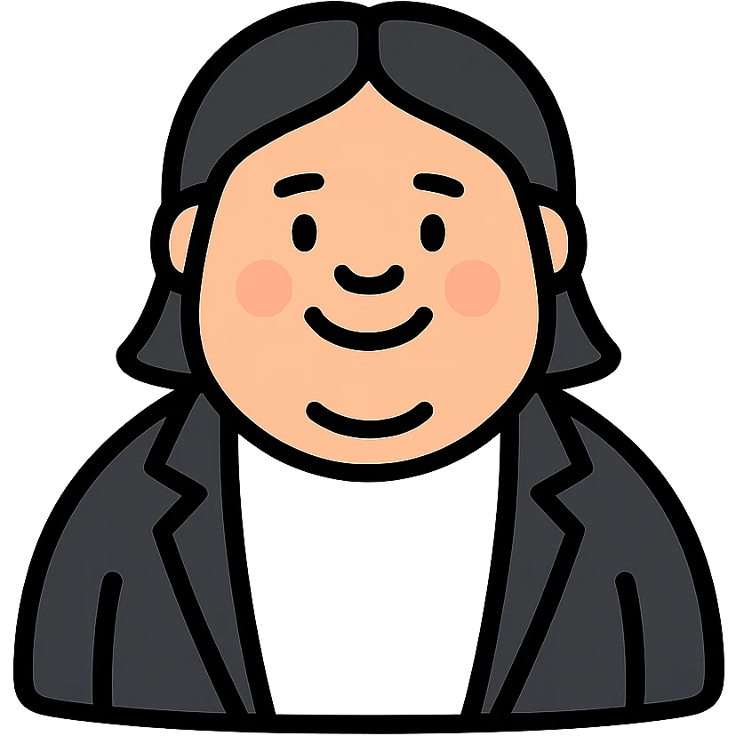Fat white man, black hair parted in the middle to the shoulders smiling, white shirt and black jacket emoji