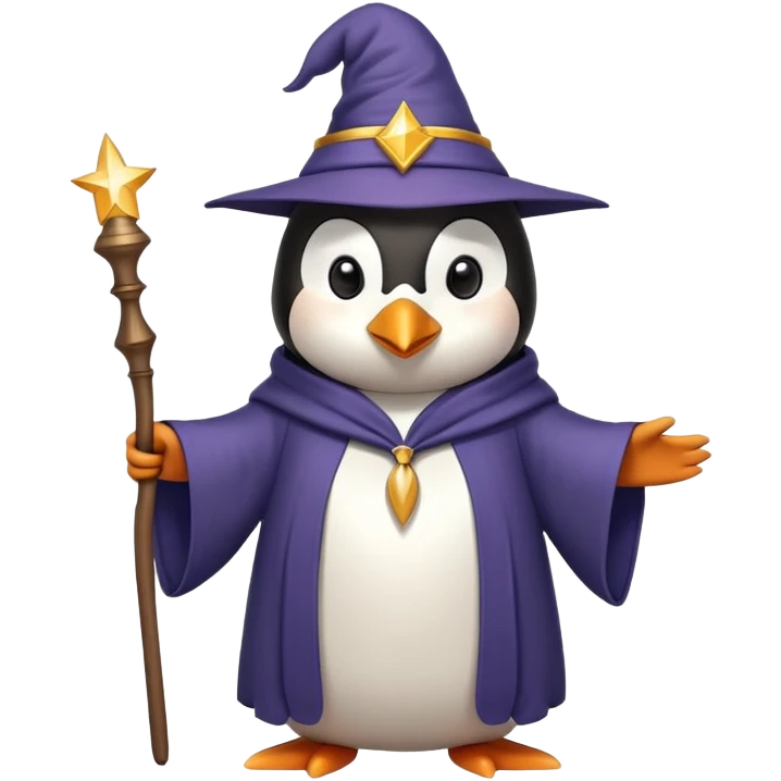 penguin wearing a wizard hat and robe, holding a magic wand emoji