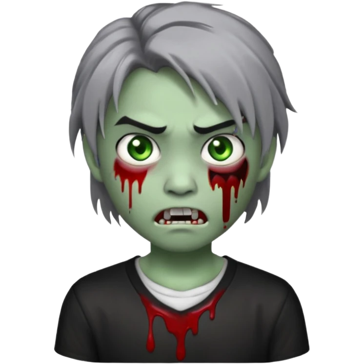 3D emoji-style avatar with grey zombie skin, dark brown hair, a young Asian face, and large green eyes with blood tears. Give it white litle bit messy middle hair style , silver hoop earrings, and a plain white T-shirt. The face expression should be slightly angry, with vampire fang emoji