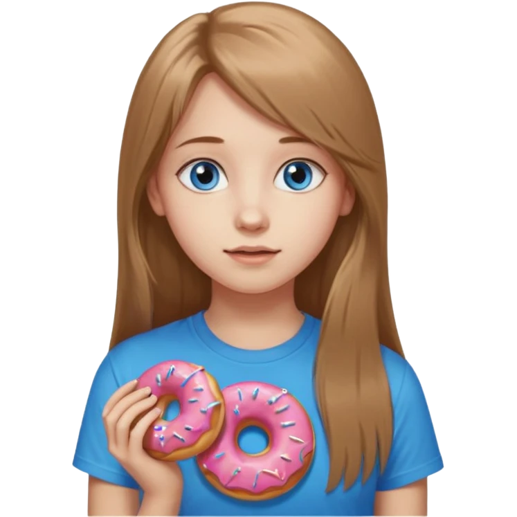 una ragazza dall‘ età di 19 anni con capelli castani chiaro lunghi e lisci ,  occhi celesti,  con addosso una maglietta con una ciambella senza orecchini  emoji