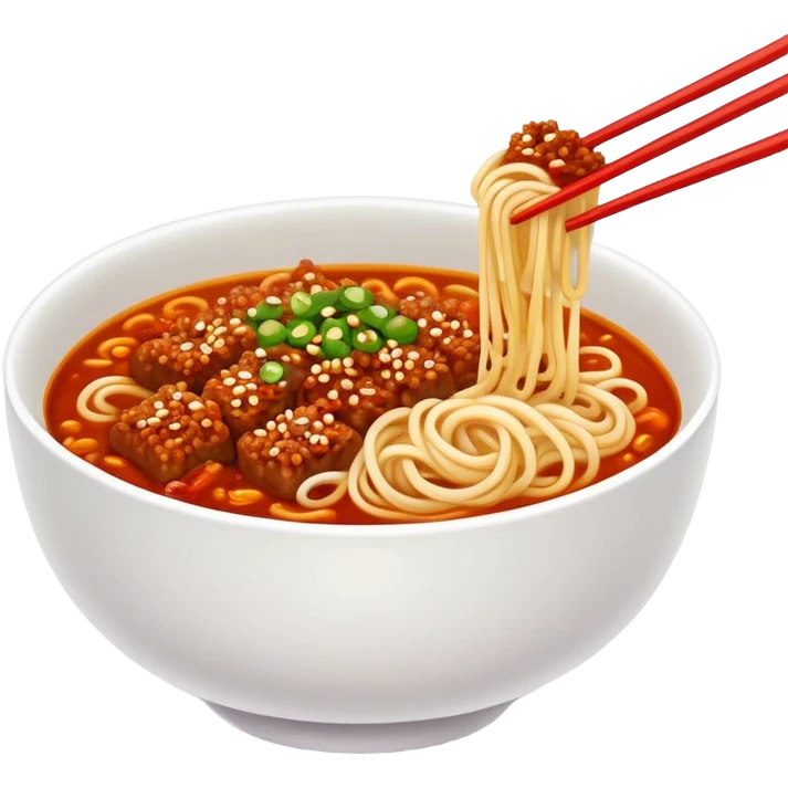 Chengdu Dan Dan Noodles with spicy sauce and minced meat, simplified emoji style with bold outlines and bright colors, cartoon style Sichuan street food in bowl emoji