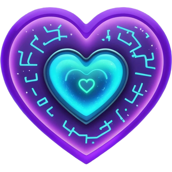 A glowing blue-to-purple neon heart with a small galaxy and green digital hacker code inside. Futuristic, gamer, magical, and powerful. 💚🌌🔥 emoji