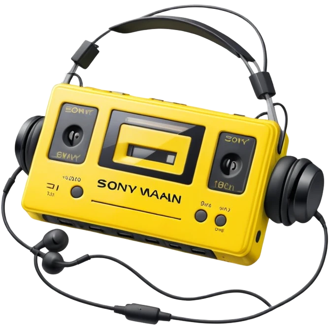 Sony Walkman cassette player from 1990s, yellow and black, with headphones emoji