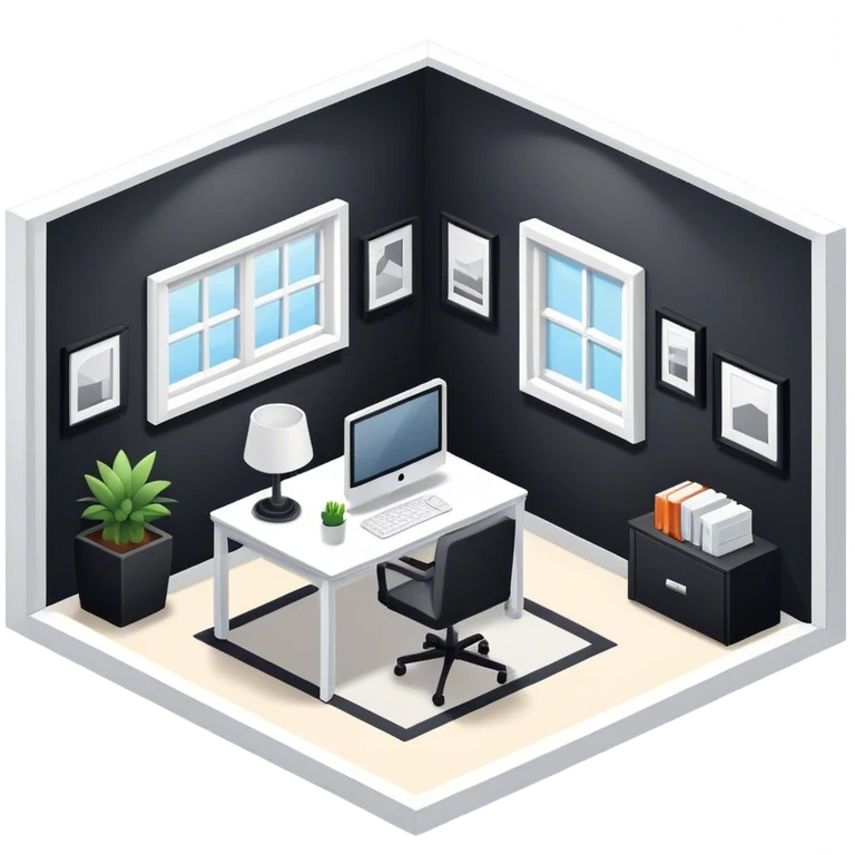 An isometric 3D room with two walls that meet at the back left and right and a Window. Black and White Home Office emoji
