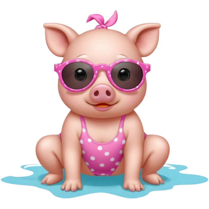 cute pig wearing  star-shaped sunglasses and polka dot bathing suit on all fours with nail polish emoji