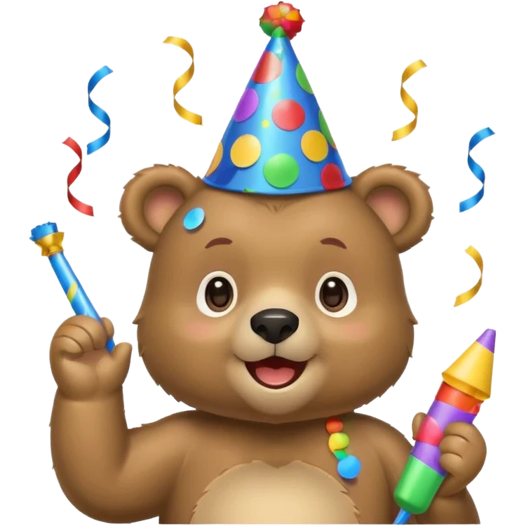 Partying bear cub with confetti and party blower emoji