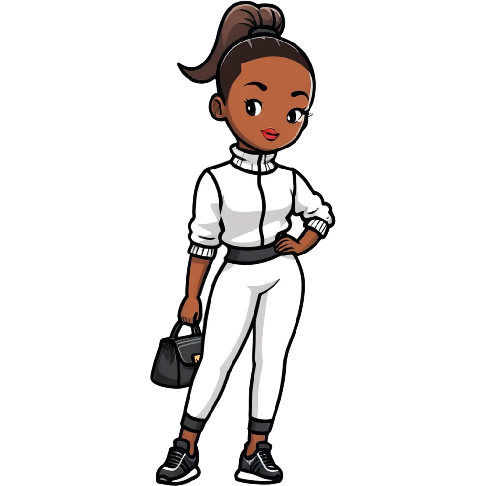 Glamorous African fashion model with tight high ponytail, catwalk pose, trendy designer outfit emoji