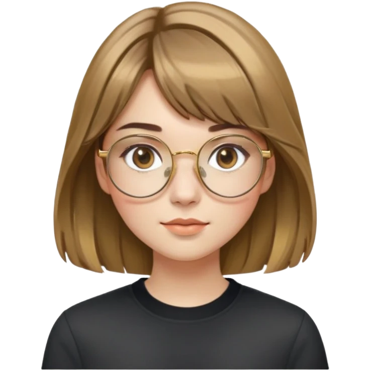 young adult woman with fair skin, round face with soft cheeks, light brown hair with golden highlights, voluminous and straight with slight waves, long bangs over eyebrows, large octagonal gold metal frame glasses, dark casual shirt, friendly and creative expression emoji