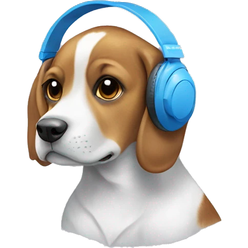 A beagle dog in blue Sony headphones with white bows emoji