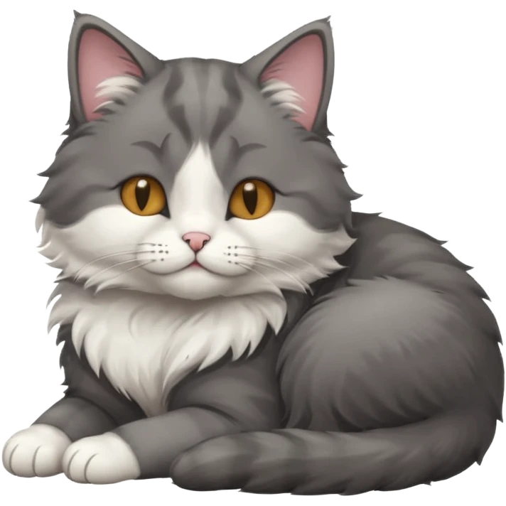 dark grey and white small cat with his eyes closed, leaning his head on his paw while leaning on his elbow lying down emoji