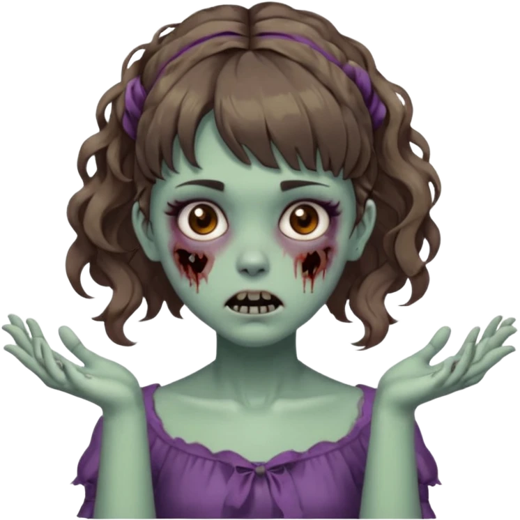 Cabelo ondulado  um pouco cheio e franja curta  Olhos marrons e pequenos e feita d ezumbi mais bonita com cabelo amarro na e com as mãos assim tipo assim🧟‍♀️ emoji