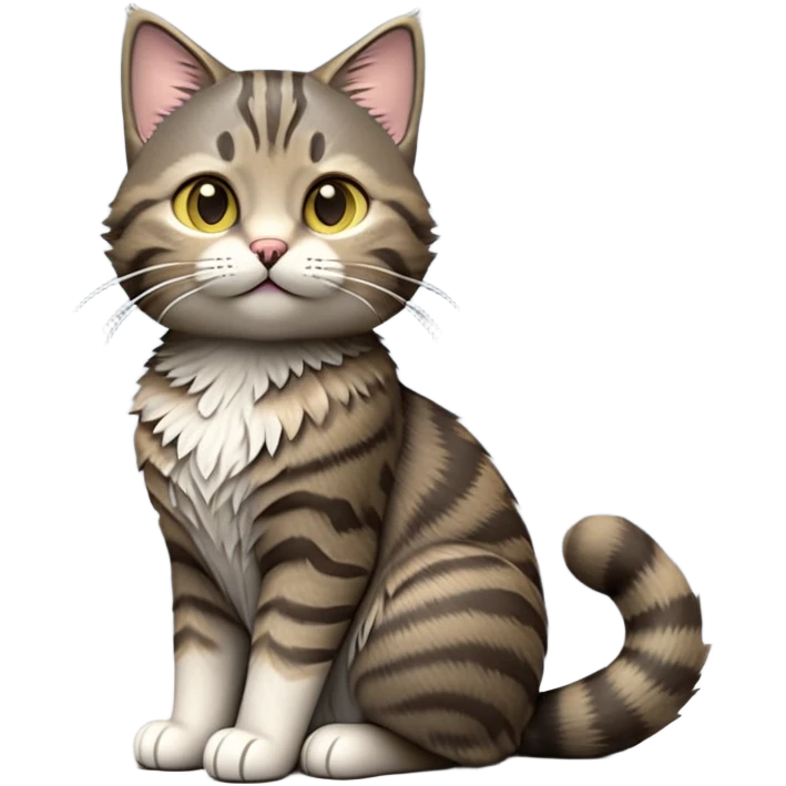 cinematic-[grey brown tabby cat]-realistic-full-body-sitting-emoji,-tail-curled-playfully-around-its-paws,-head-tilted-dramatically,-scruffy-[grey]-fur,-simplified-yet-realistic-focused-features,-highly-detailed,-glowing-with-an-almost-sarcastic-glow emoji