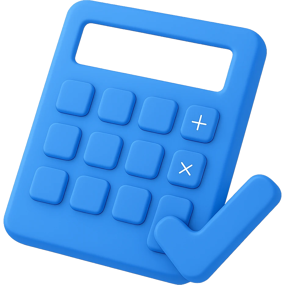 Change the calculator and check mark to a 3D blue style, keep the arrangement the same, with no background. emoji