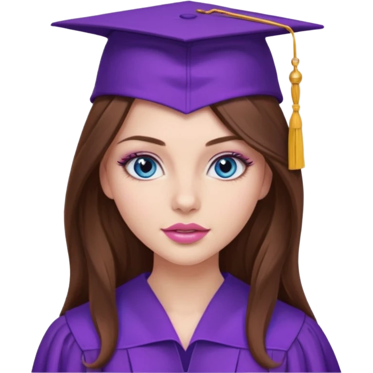 stunning girl with gorgeous long brown hair, blue eyes, long lashes makeup, sexy pink lips, wearing a purple graduation cap and gown emoji