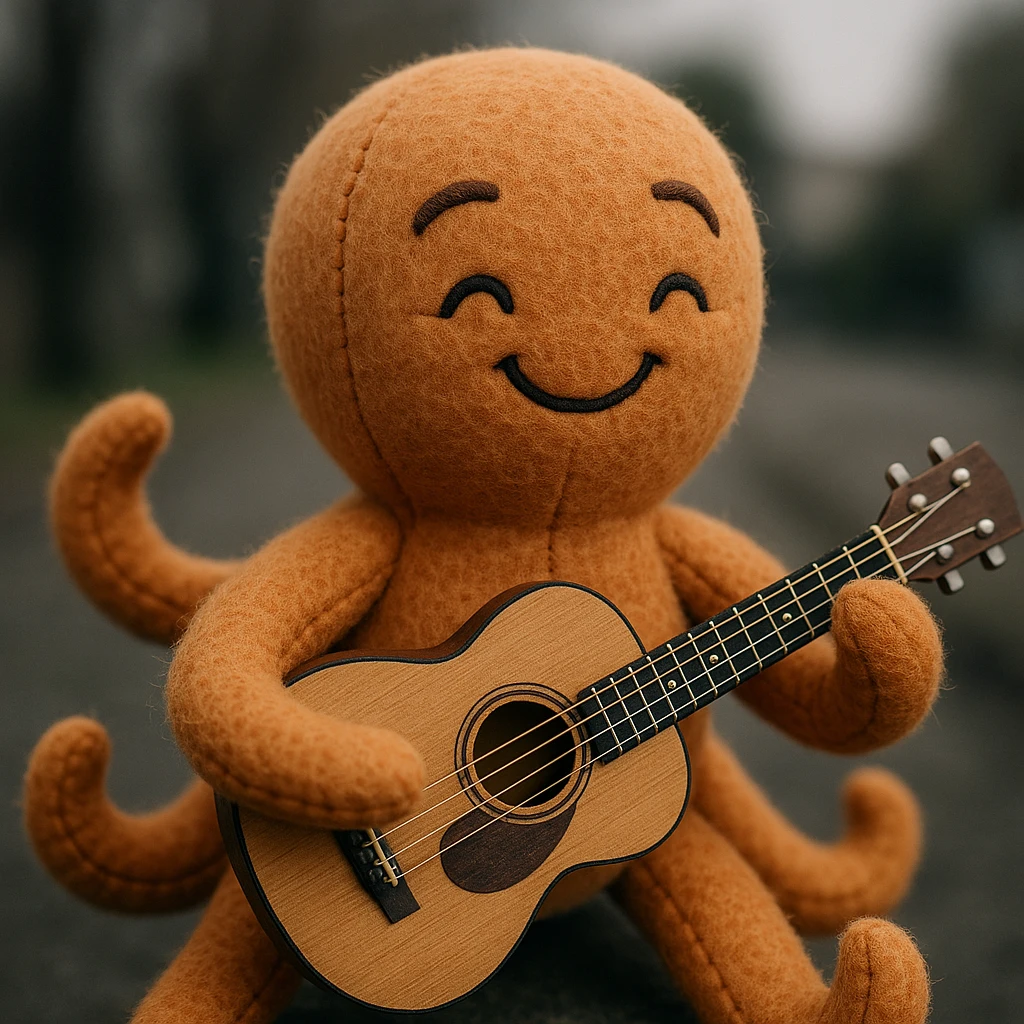 happy octopus with multiple arms playing guitar emoji