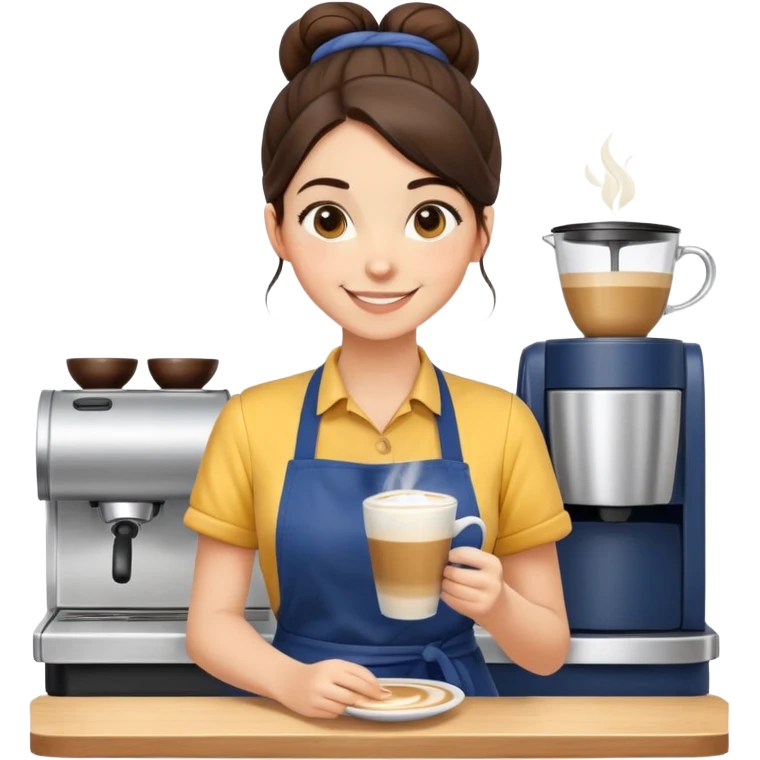 Cute brunette barista girl with hair in a bun wearing yellow shirt and dark blue apron, she's relaxed and making latte art, smiling at the coffee cup emoji