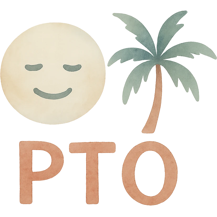 emoji with the text 'PTO' and a palm tree watercolor style emoji