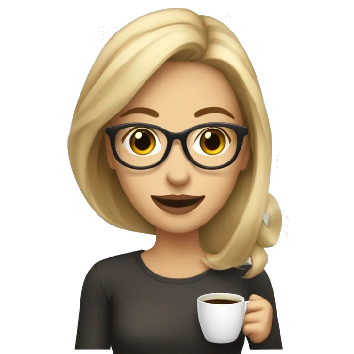 Dark blonde girl in transparent glasses with a smile and coffee in her hand emoji