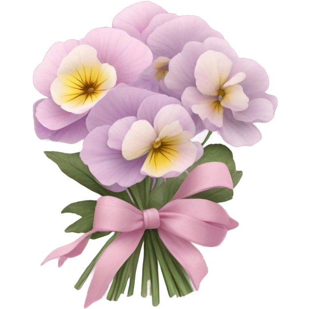 A bundle of pastel pansies and peonies wrapped in translucent pink fabric with a delicate bow. emoji