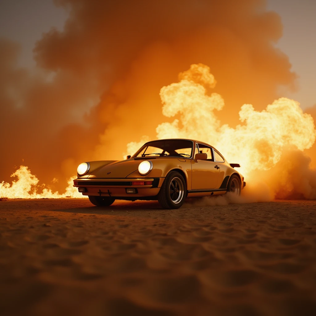 Cinematic shot, Porsche 911 in fire, desert emoji