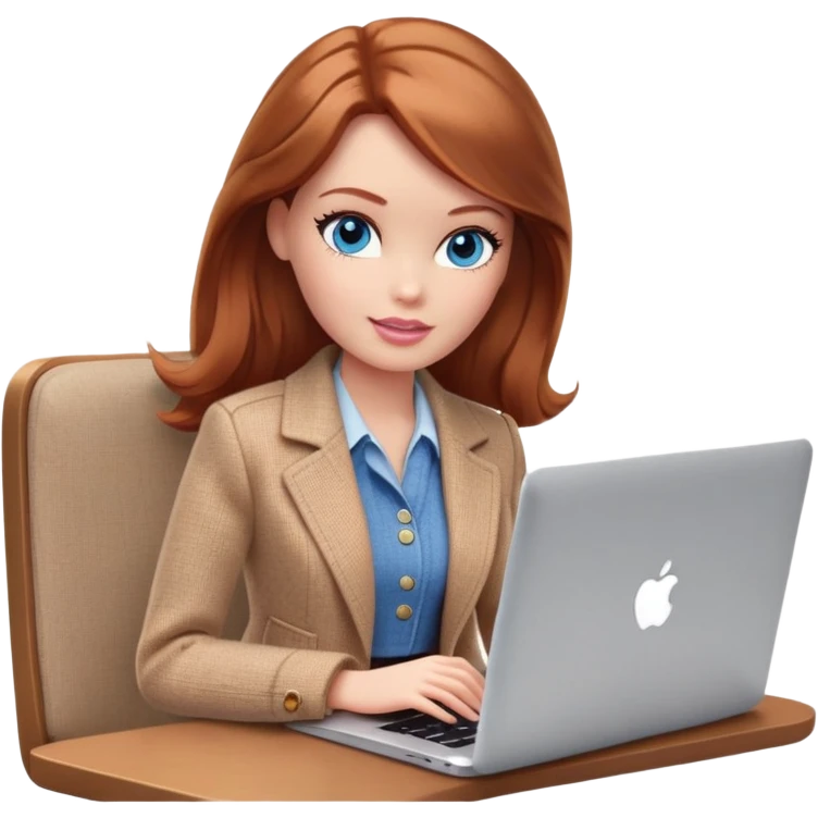 A Barbie girl with blue eyes, shoulder-length reddish-brown hair, made-up, wearing a beige tweed jacket and a beige skirt, is sitting with a MacBook emoji