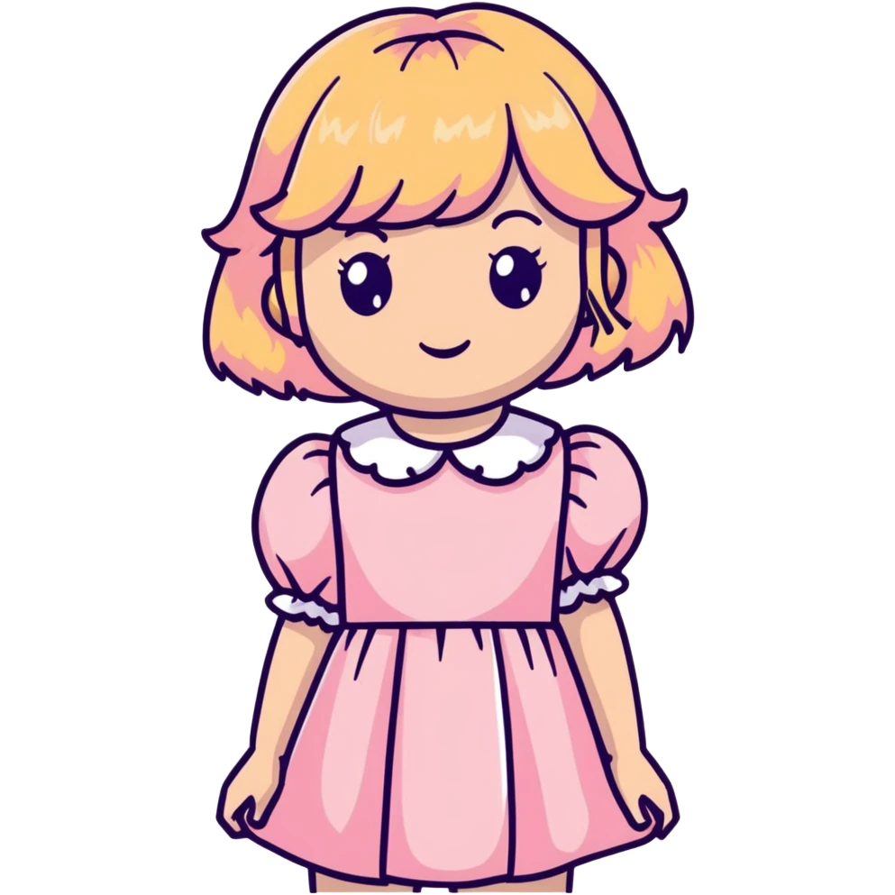 white or light brown girl with bangs, long light brown hair with curly blonde highlights, wearing a pastel pink dress with puff sleeves emoji