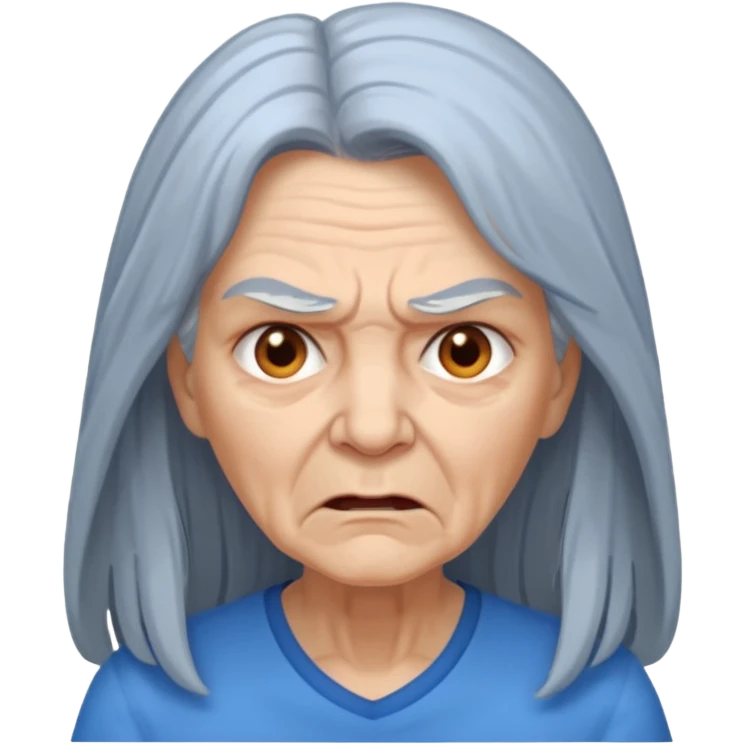 a portrait of angry elderly woman, long hair, wearing shirt emoji