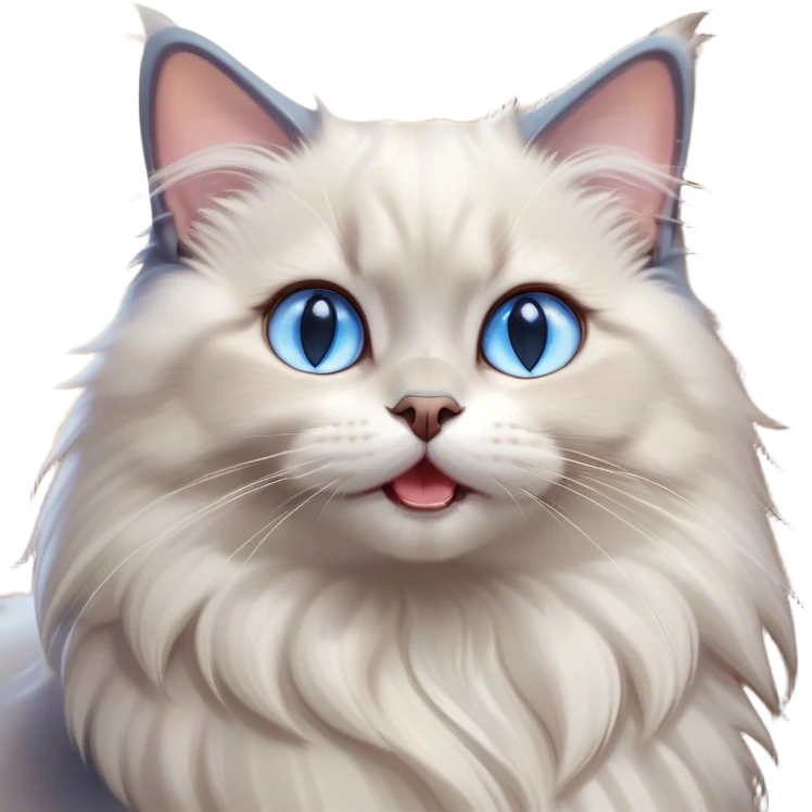 Cinematic Adorable Fluffy Light Grey Mantle Ragdoll Cat Portrait Emoji, Head tilted cutely with big, sparkling blue eyes, soft light grey fur with darker points on the ears, face, and paws, Simplified yet irresistibly adorable features, highly detailed, glowing with a soft, warm glow, high shine, yawning in a peaceful and playful manner, stylized with a touch of whimsy, bright and endearing, soft glowing outline, capturing the essence of a relaxed and loving kitten, so cute it feels like it could leap out of the screen and stretch into a cozy nap! emoji