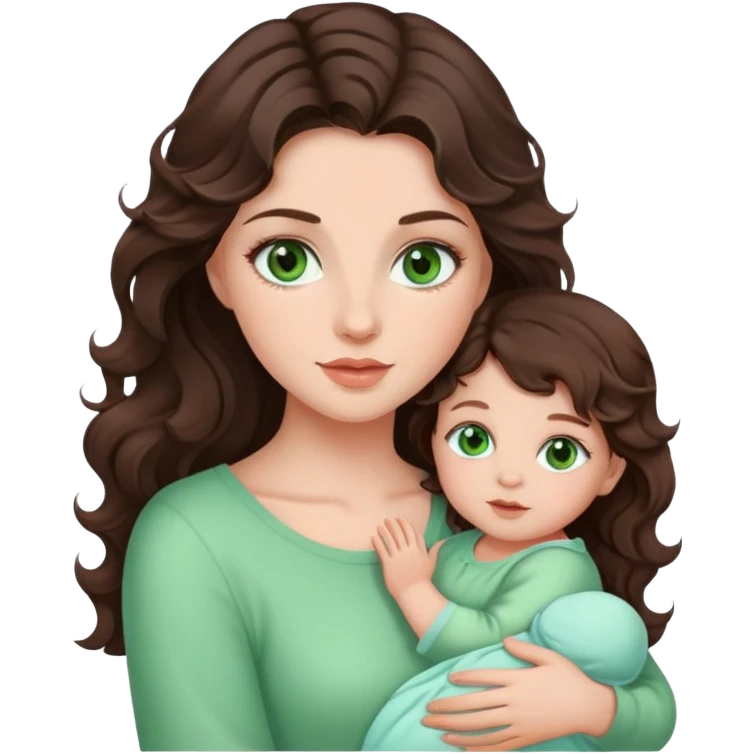 Beautiful girl with dark brown wavy hair and green eyes, holding baby girl with brown eyes emoji