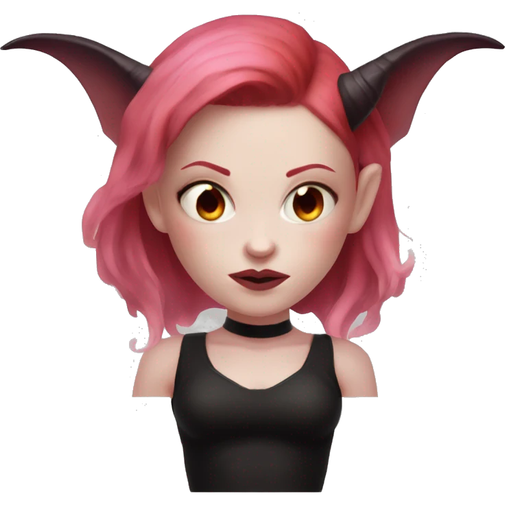 Demon succubus with red hair, pink eyes, and pale skin. She has dark horns and a black crop top. emoji