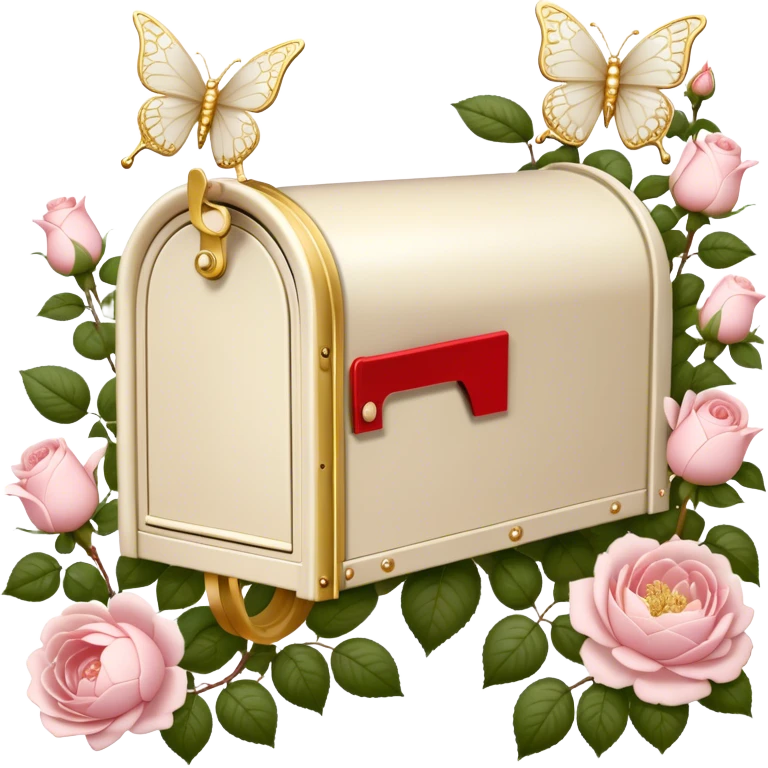 A vintage-inspired letterbox scene, where an old-fashioned ivory mailbox with golden filigree stands in a blooming rose garden, overflowing with love letters adorned with pressed blush roses and white peony petals, with pearl butterflies fluttering nearby. emoji