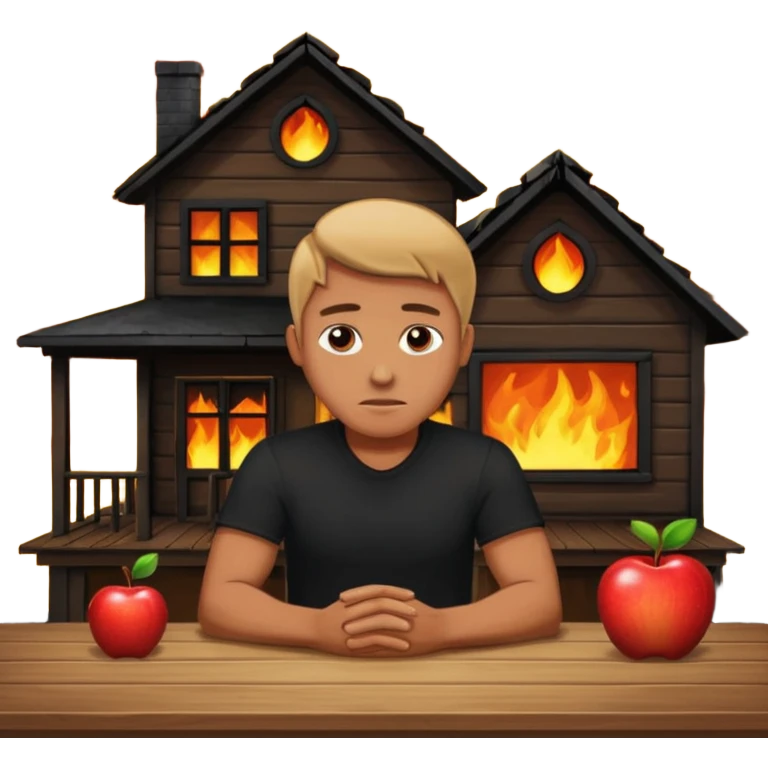 a man sits sadly at a table, a house on fire behind him, apple style emoji emoji