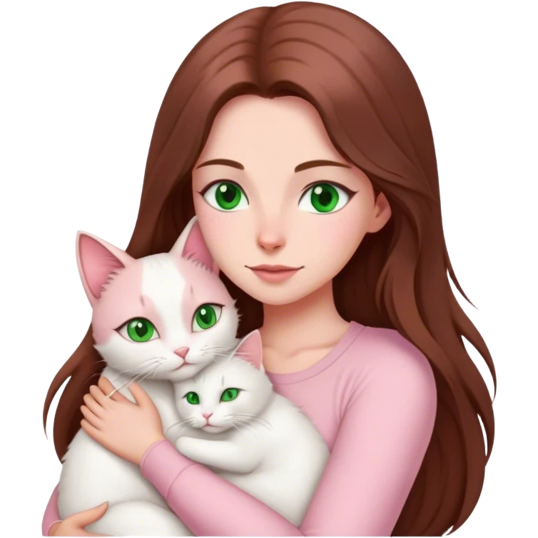 white woman with very long brown hair and green eyes in a light pink outfit hugging a white cat emoji