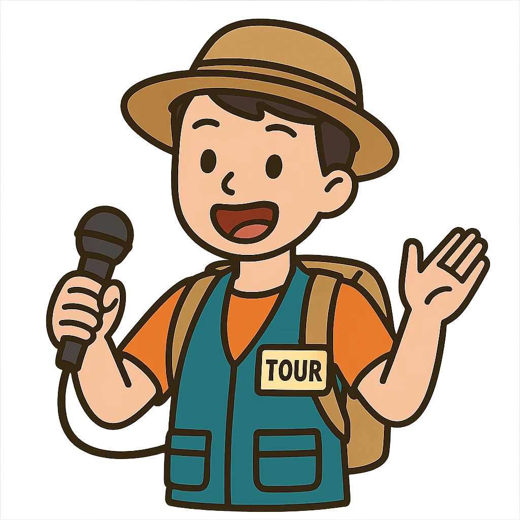 flat toon style travel guide with microphone, animated expression emoji