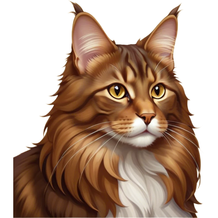 Cinematic Brown Maine Coon Cat Portrait Emoji, Elegant and alert, sleek brown and gold tones with hints of deep auburn, Simplified yet sharp features, highly detailed, glowing with a warm, confident glow, high shine, intelligent and poised with an air of wisdom, stylized with an air of grace, focused and attentive with a calm, old soul expression, soft glowing outline, capturing the essence of experience and majesty, so lifelike it feels as though it could spring into motion at any moment, radiating wisdom and grace. emoji